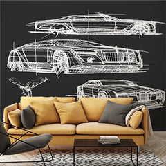 Custom Automotive Design Sketch Wall Mural Wallpaper - White Car Blueprints on Dark Background