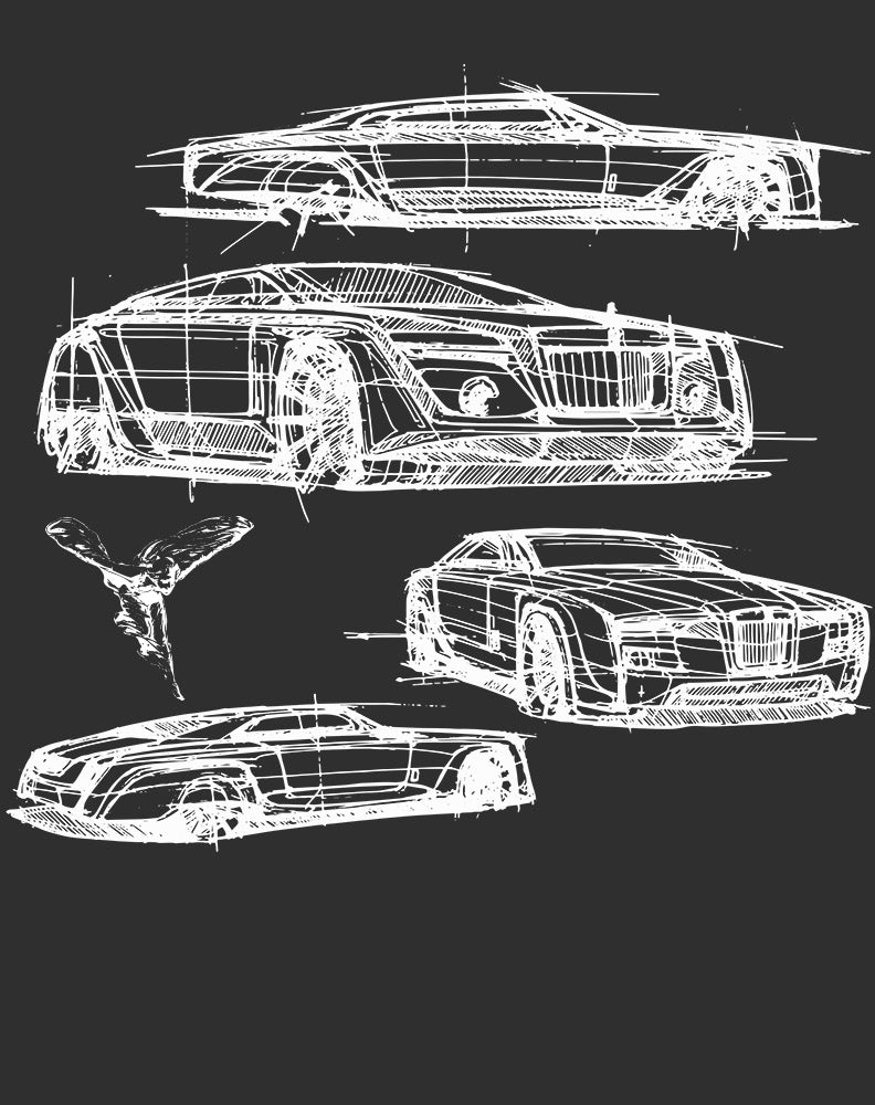 Automotive Design Sketch Wall Mural Wallpaper - White Car Blueprints on Dark Background