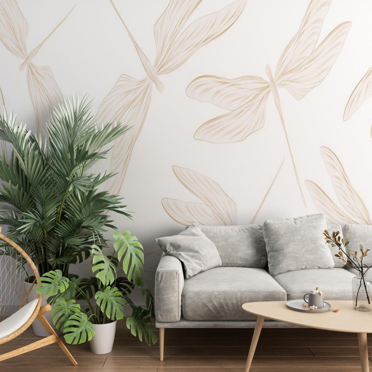 Golden Dragonflies Wall Mural White Wallpaper