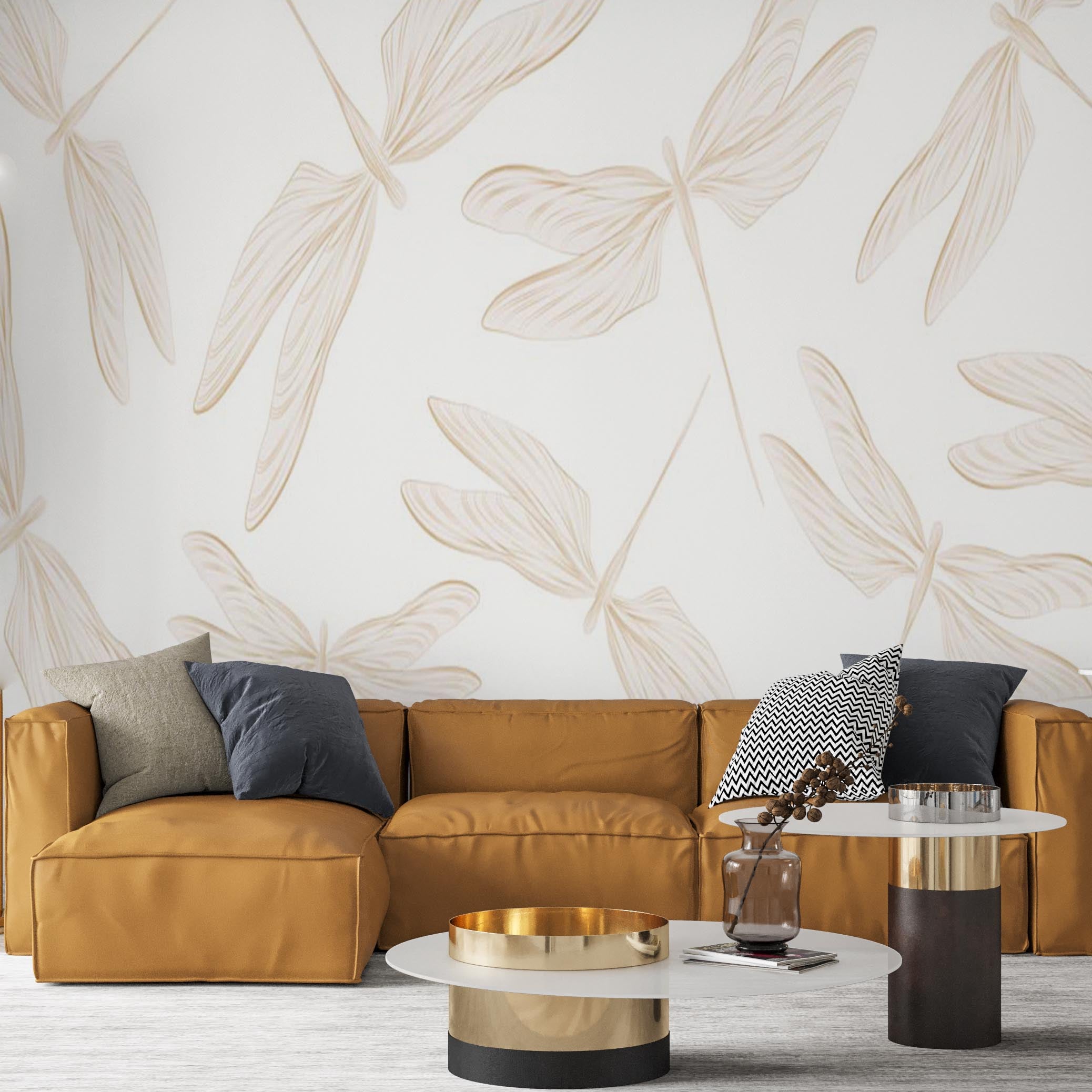 Golden Dragonflies Wall Mural White Wallpaper