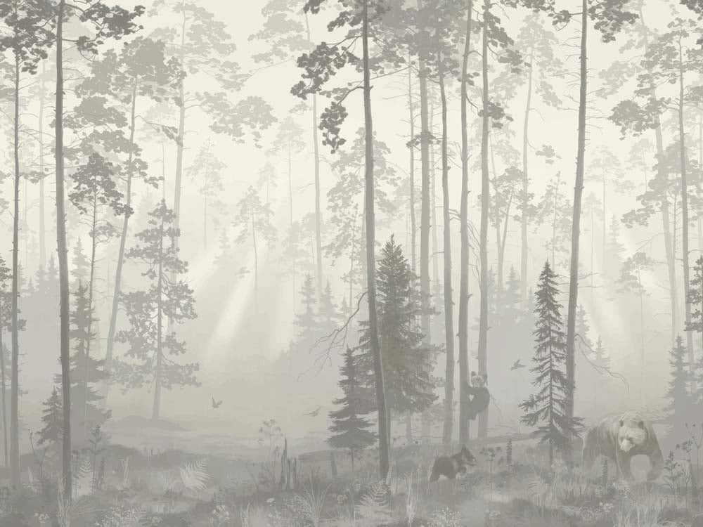 Tapete Grauer Nebel-Kiefernwald – Hohe Bäume und Reh, Wandbild
