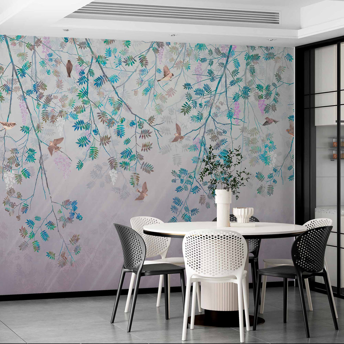 Birds and Branches Wall Mural - Soft Pastel Springtime Scene Wallpaper with Wisteria and Leaves