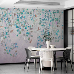 Custom Birds and Branches Wall Mural - Soft Pastel Springtime Scene Wallpaper with Wisteria and Leaves