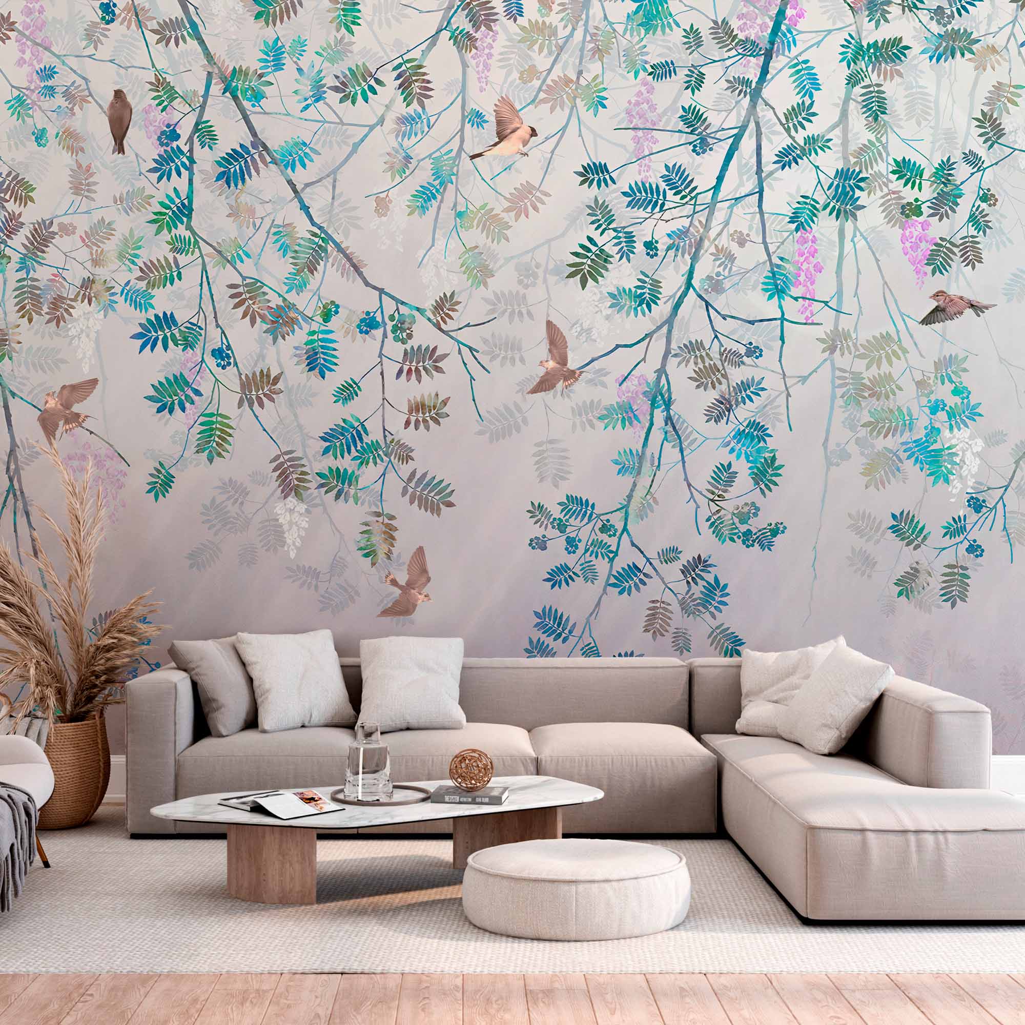 Birds and Branches Wall Mural - Soft Pastel Springtime Scene Wallpaper with Wisteria and Leaves