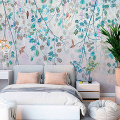 Custom Birds and Branches Wall Mural - Soft Pastel Springtime Scene Wallpaper with Wisteria and Leaves