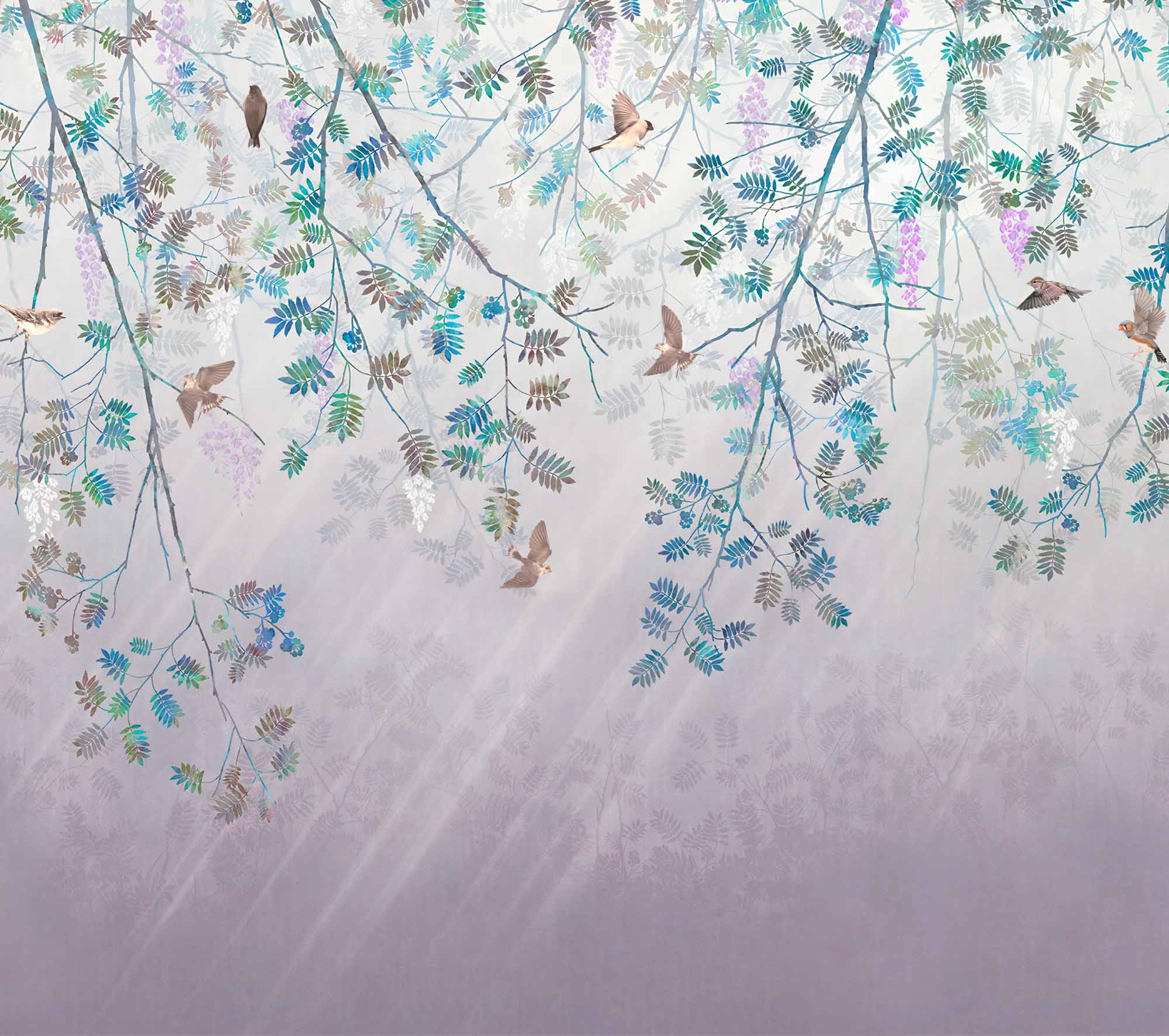 Birds and Branches Wall Mural - Soft Pastel Springtime Scene Wallpaper with Wisteria and Leaves