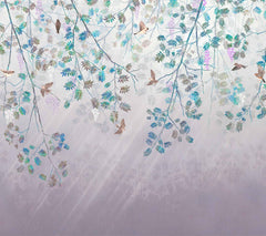 Custom Birds and Branches Wall Mural - Soft Pastel Springtime Scene Wallpaper with Wisteria and Leaves