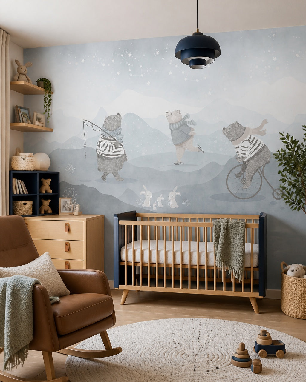Winter bears wallpaper in a modern nursery with a crib.