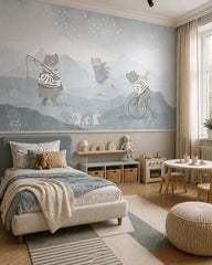 Winter bears wallpaper in a toddler bedroom with a child-sized bed.