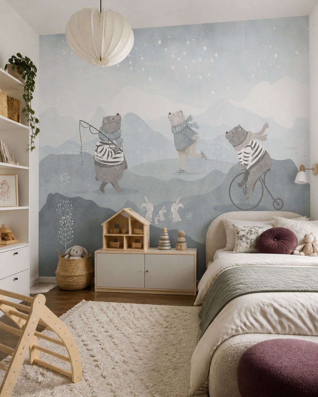 Winter bears wallpaper in a girl’s bedroom.