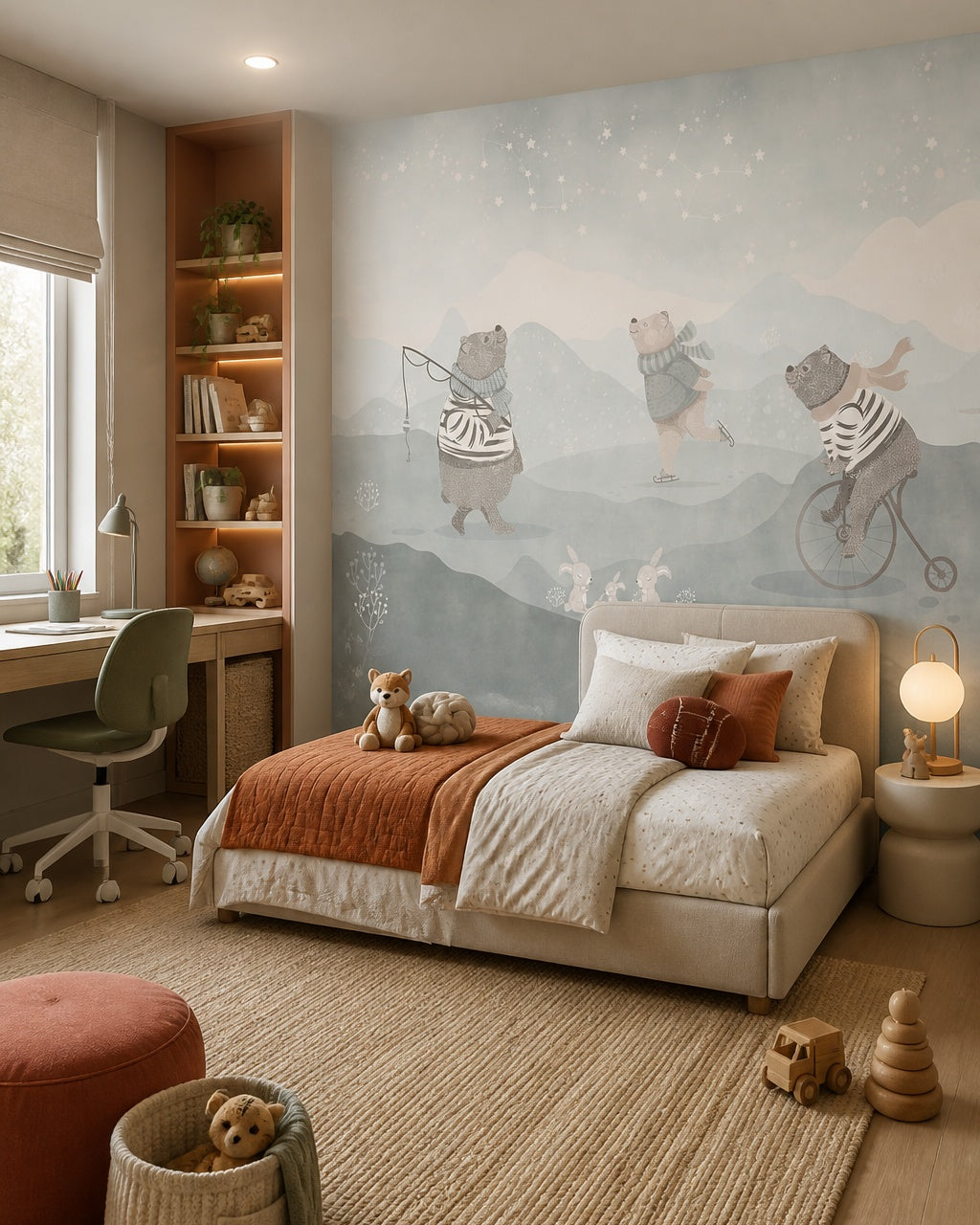 Winter bears wallpaper in a boy’s bedroom.