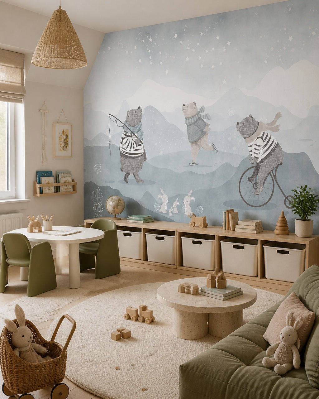 Winter bears wallpaper in a children’s playroom.