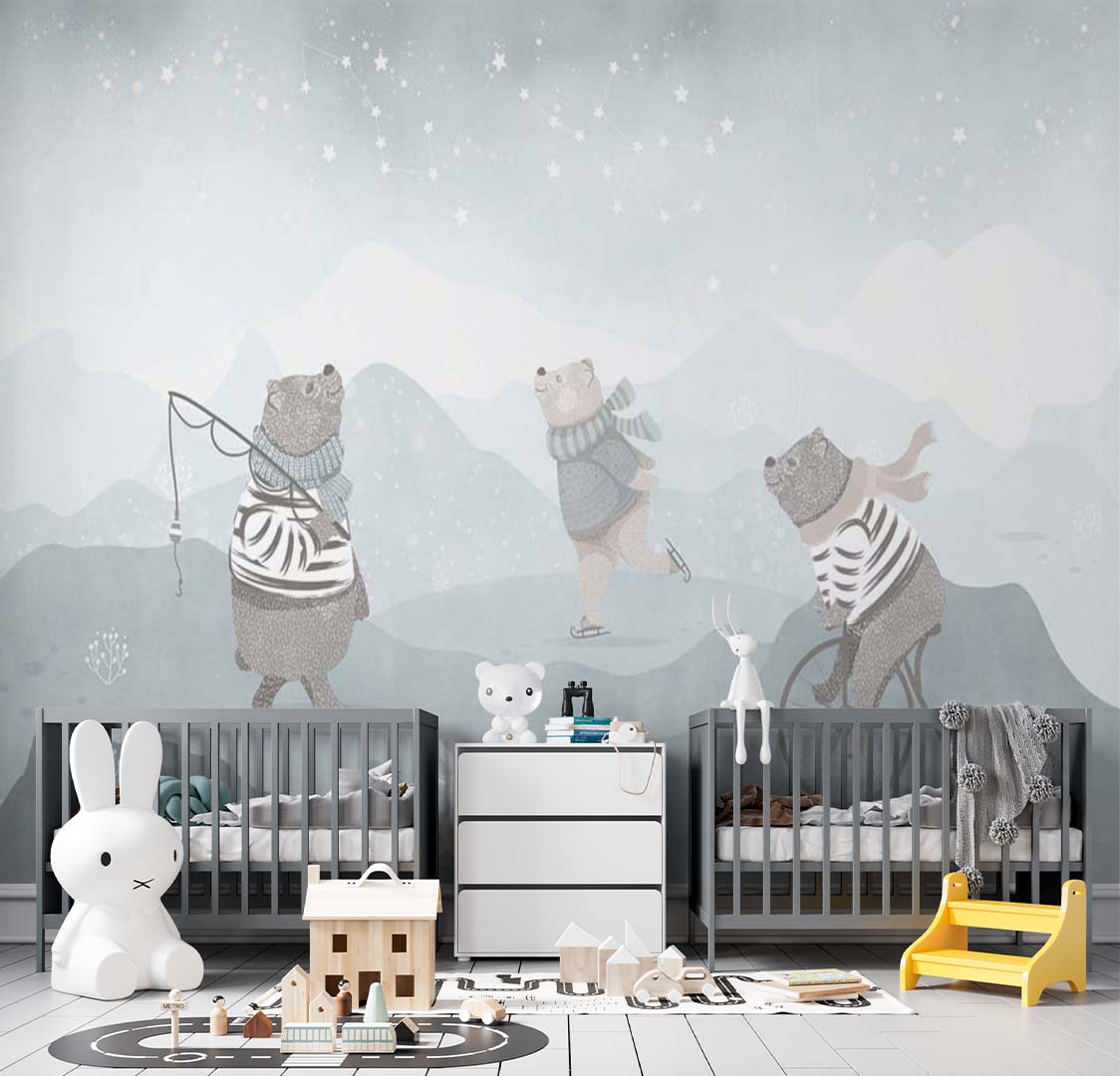 Custom Kids Wall Mural Cartoon Winter Bear Ice Star Sky Scandinavian Nursery Wallpaper