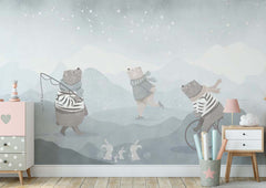 Custom Kids Wall Mural Cartoon Winter Bear Ice Star Sky Scandinavian Nursery Wallpaper