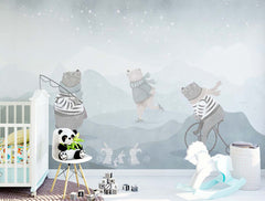 Custom Kids Wall Mural Cartoon Winter Bear Ice Star Sky Scandinavian Nursery Wallpaper