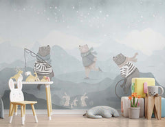 Custom Kids Wall Mural Cartoon Winter Bear Ice Star Sky Scandinavian Nursery Wallpaper