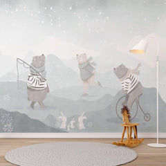 Custom Kids Wall Mural Cartoon Winter Bear Ice Star Sky Scandinavian Nursery Wallpaper