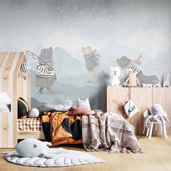 Custom Kids Wall Mural Cartoon Winter Bear Ice Star Sky Scandinavian Nursery Wallpaper