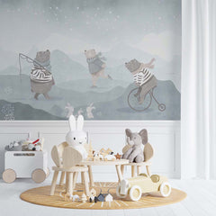 Custom Kids Wall Mural Cartoon Winter Bear Ice Star Sky Scandinavian Nursery Wallpaper