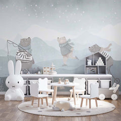 Custom Kids Wall Mural Cartoon Winter Bear Ice Star Sky Scandinavian Nursery Wallpaper