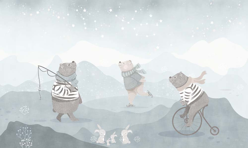 Winterbären-Tapete – skandinavische Kinder-Fototapete mit verschneiten Bergen
