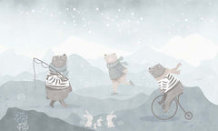 Custom Kids Wall Mural Cartoon Winter Bear Ice Star Sky Scandinavian Nursery Wallpaper