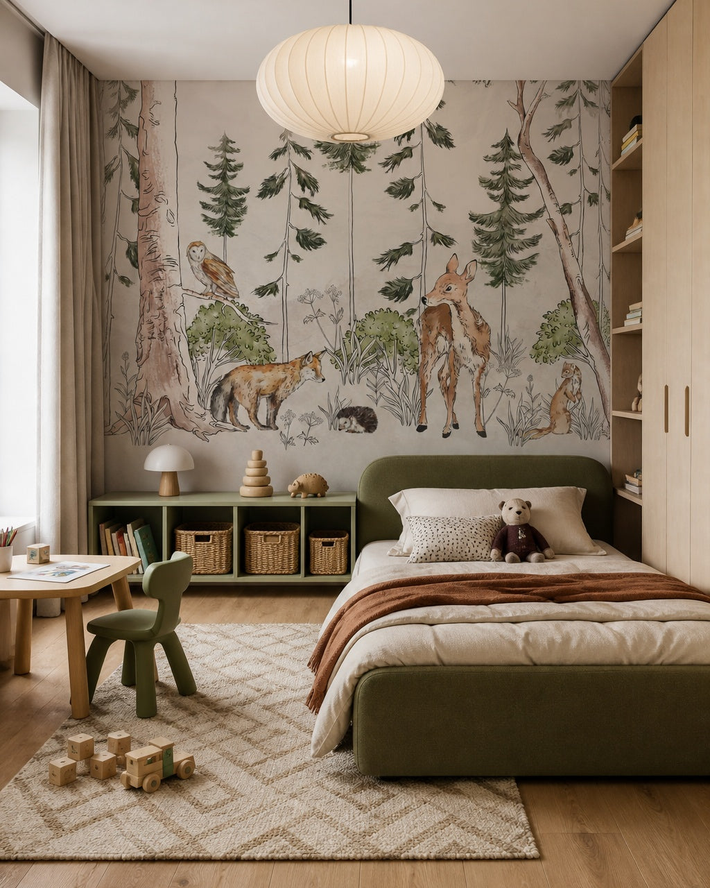 Vintage woodland wallpaper in a toddler bedroom with a child-sized bed.
