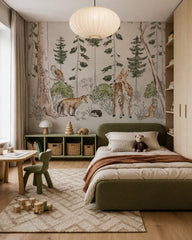 Vintage woodland wallpaper in a toddler bedroom with a child-sized bed.