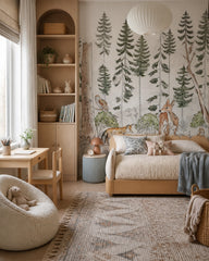 Vintage woodland wallpaper in a girl’s bedroom.