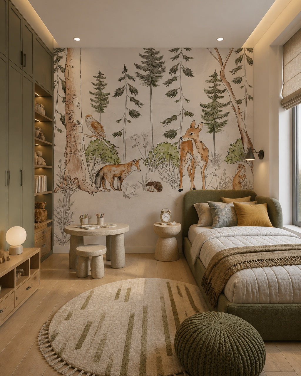 Vintage woodland wallpaper in a boy’s bedroom.
