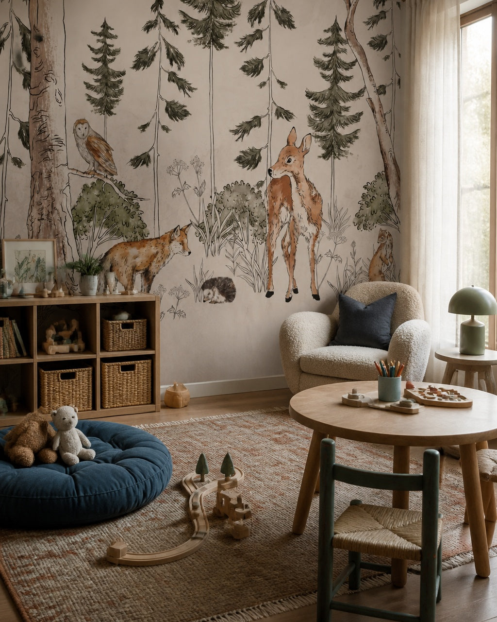 Vintage woodland wallpaper in a children’s playroom.
