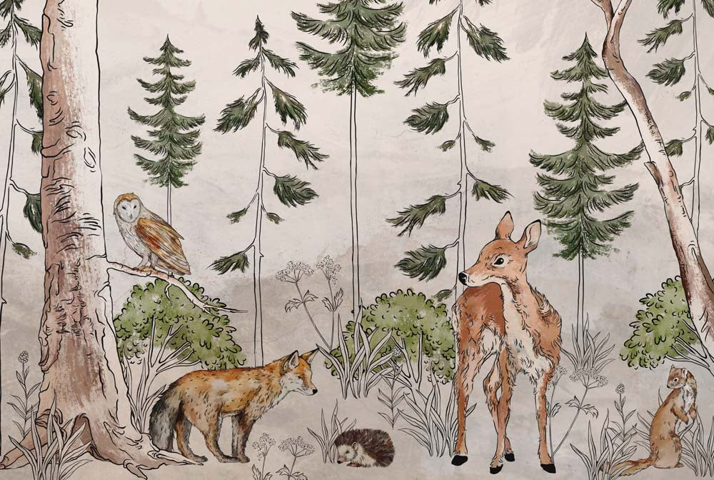 Fototapeta dla dzieci Woodland Animal Fox Deer Sowa Tapeta do pokoju dziecięcego