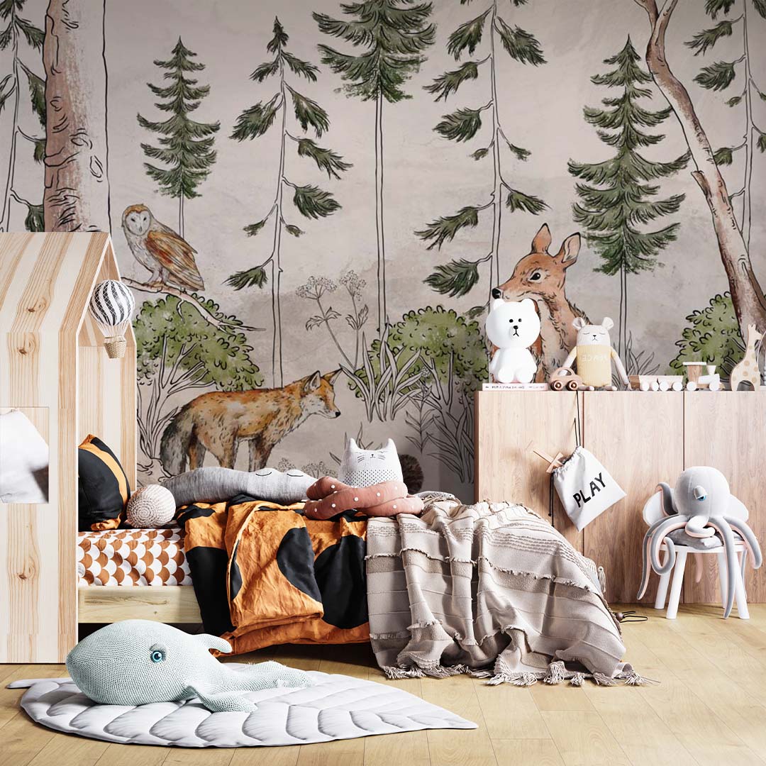 Fototapeta dla dzieci Woodland Animal Fox Deer Sowa Tapeta do pokoju dziecięcego