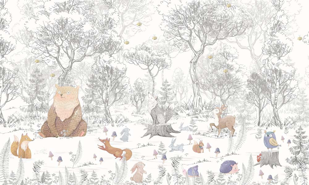 Kids Wall Mural Scandinavian Woodland Animal Fairy Meadow Wallpaper for Kids Room