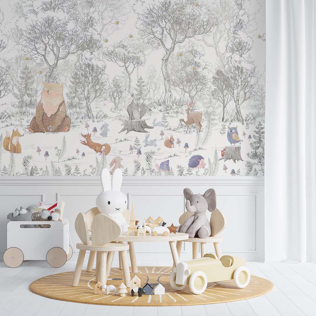 Kids Wall Mural Scandinavian Woodland Animal Fairy Meadow Wallpaper for Kids Room