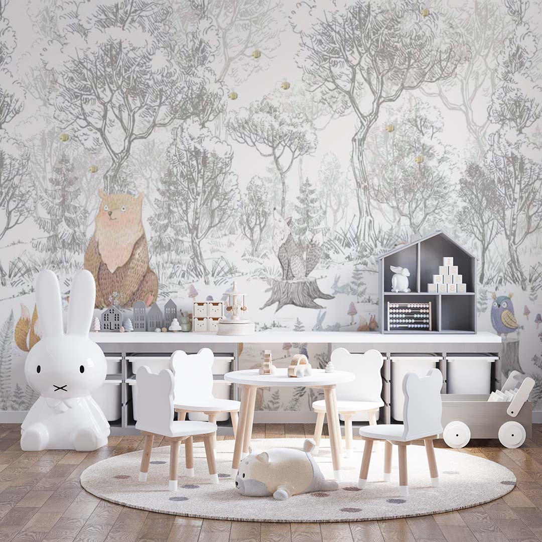 Kids Wall Mural Scandinavian Woodland Animal Fairy Meadow Wallpaper for Kids Room