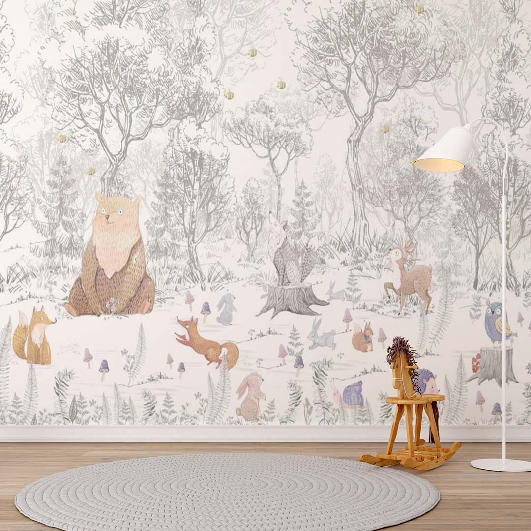 Custom Kids Wall Mural Scandinavian Woodland Animal Fairy Meadow Wallpaper for Kids Room