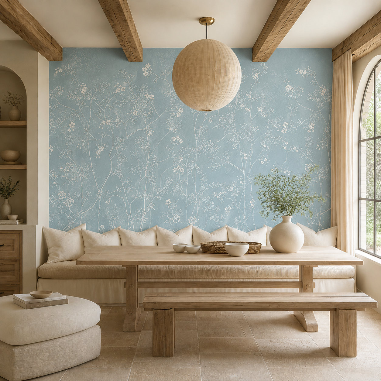 Dusty blue chinoiserie blossom wallpaper in a dining nook with banquette and wooden beams.