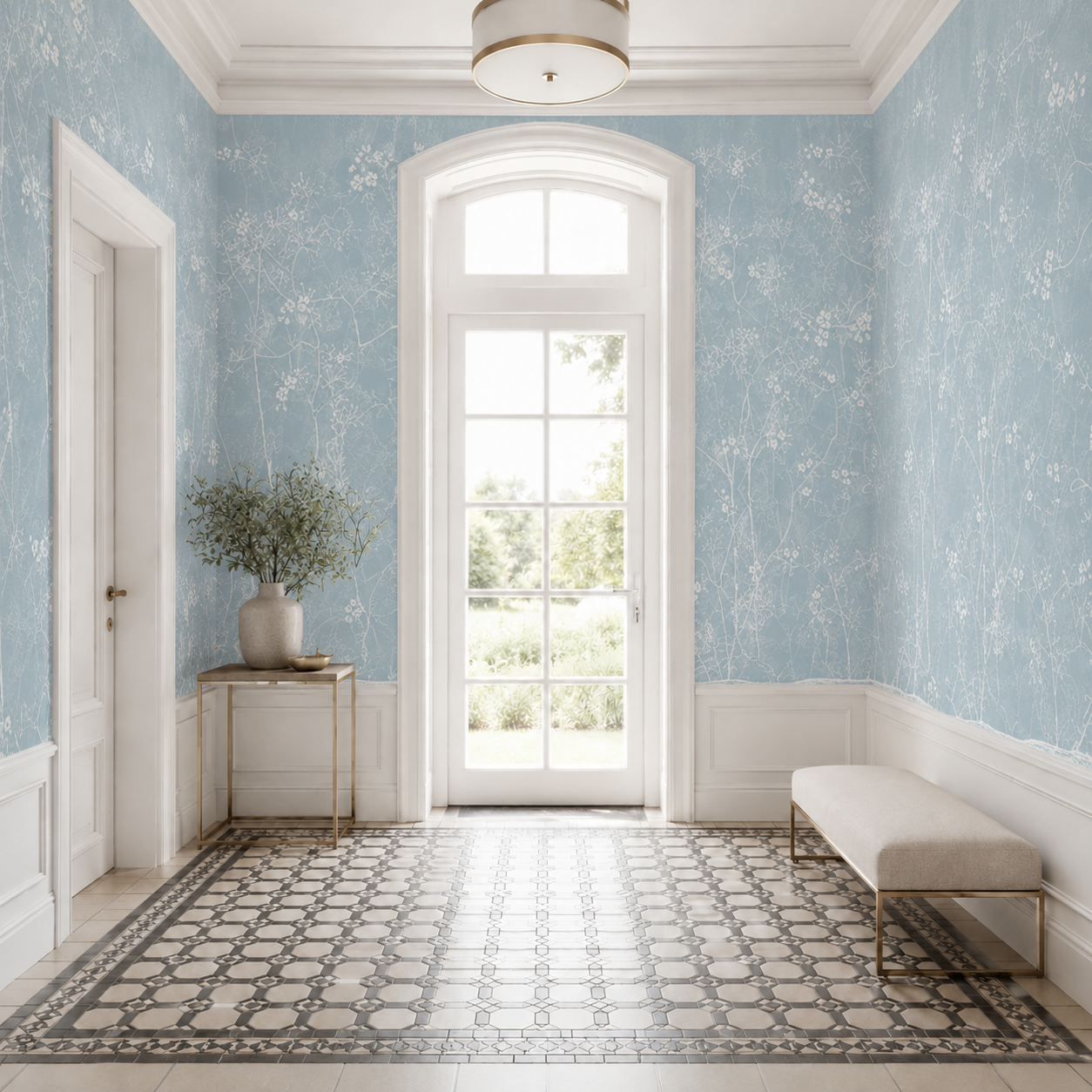 Dusty blue chinoiserie blossom wallpaper in an entry hall with arched glass door.