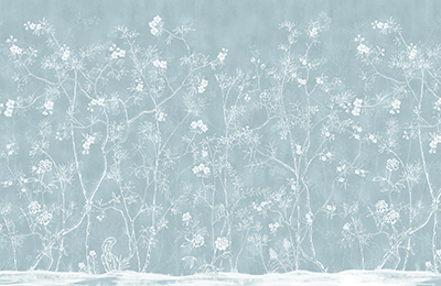 Dusty blue chinoiserie wallpaper with delicate white blossom branches in a hand-painted style.