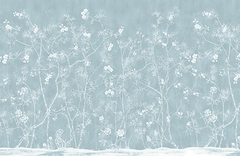 Dusty blue chinoiserie wallpaper with delicate white blossom branches in a hand-painted style.