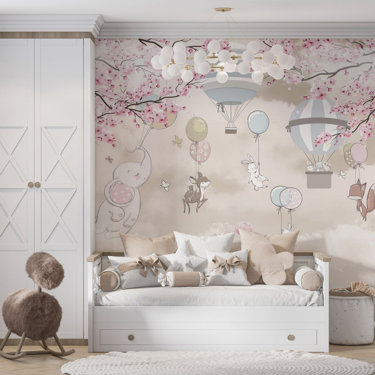 Papier peint ciel de cerisiers en fleurs – Papier peint panoramique enfant animaux et ballons