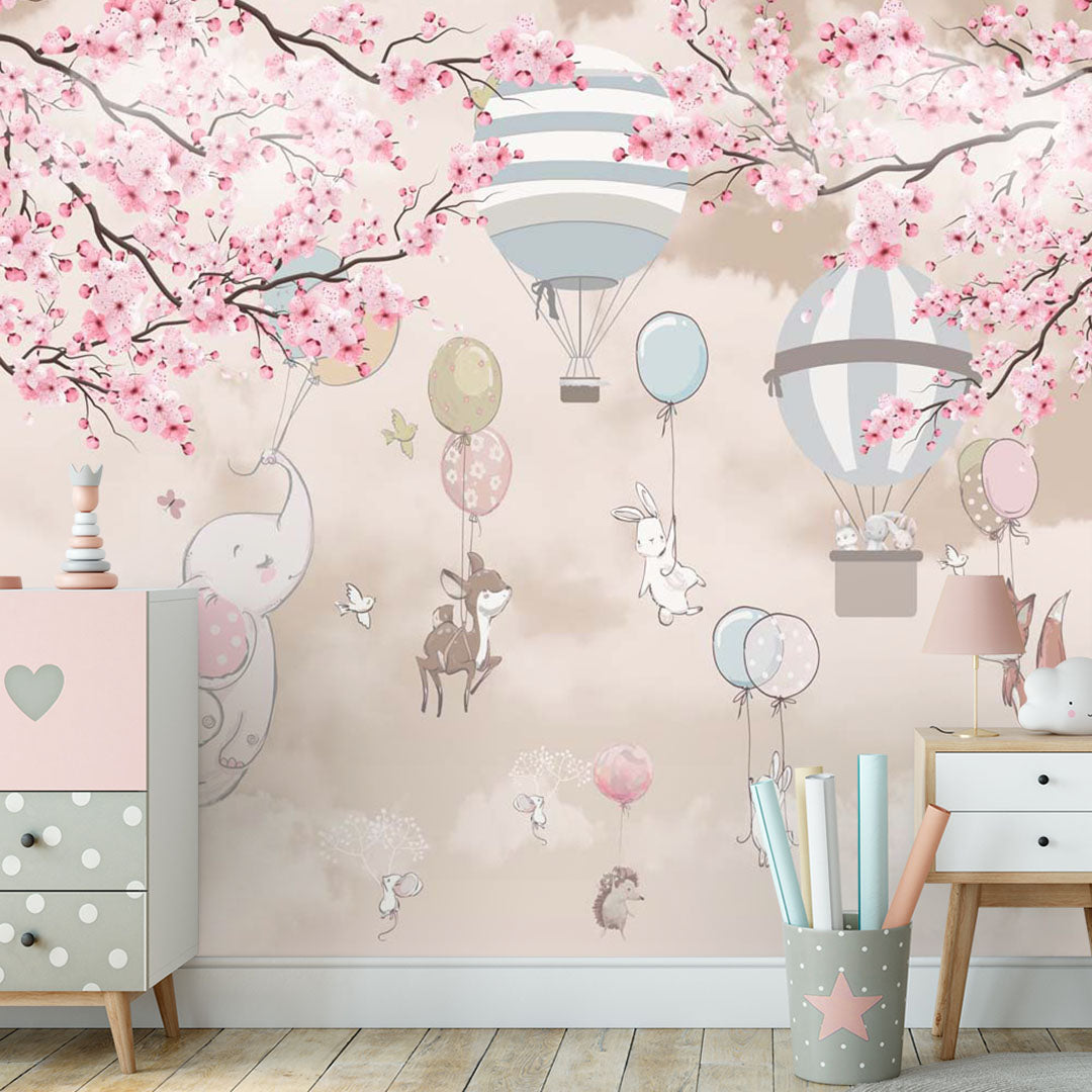 Sky-Themed Kids Wall Murals Animals Clouds Sakura Blossom and Hot Air Balloons