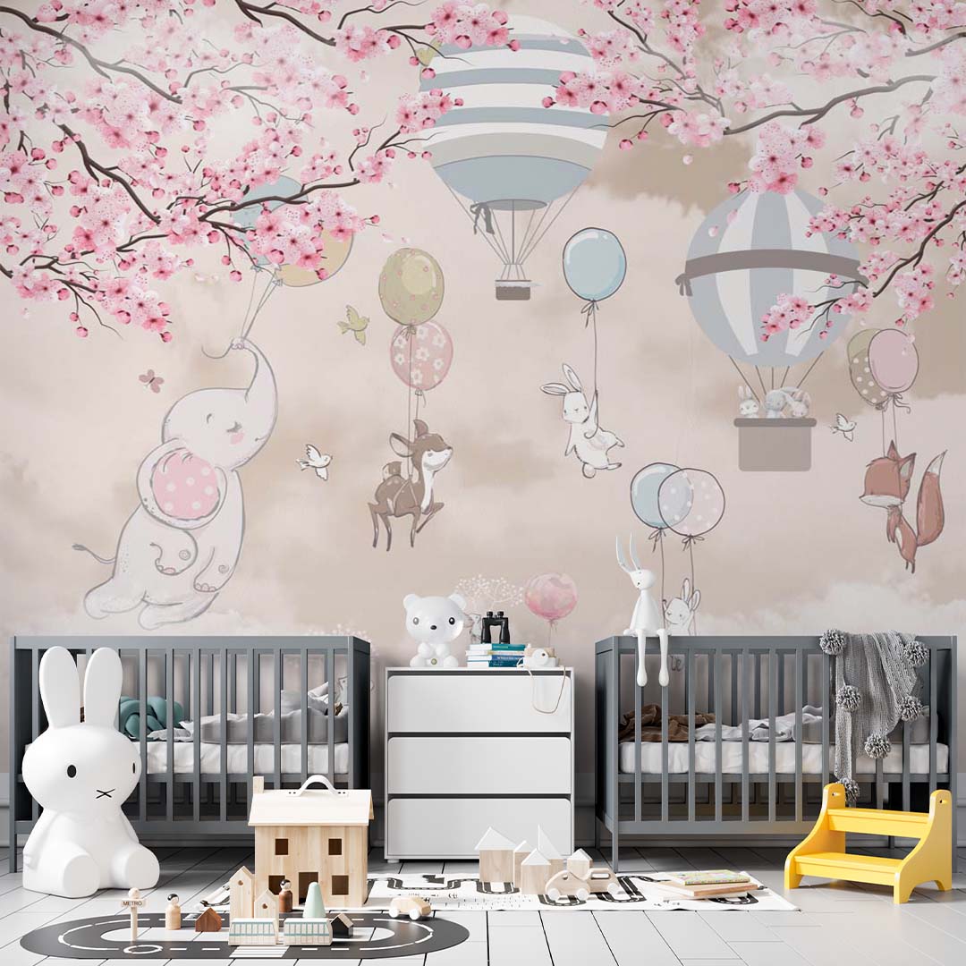 Sky-Themed Kids Wall Murals Animals Clouds Sakura Blossom and Hot Air Balloons