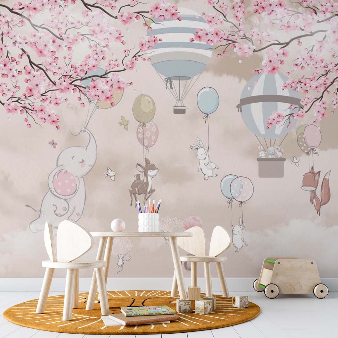 Sky-Themed Kids Wall Murals Animals Clouds Sakura Blossom and Hot Air Balloons