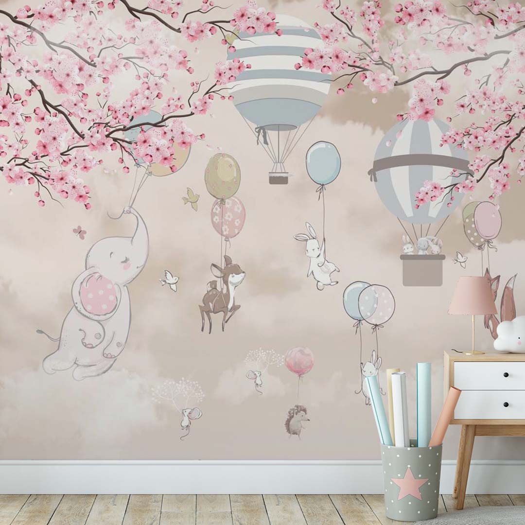 Sky-Themed Kids Wall Murals Animals Clouds Sakura Blossom and Hot Air Balloons