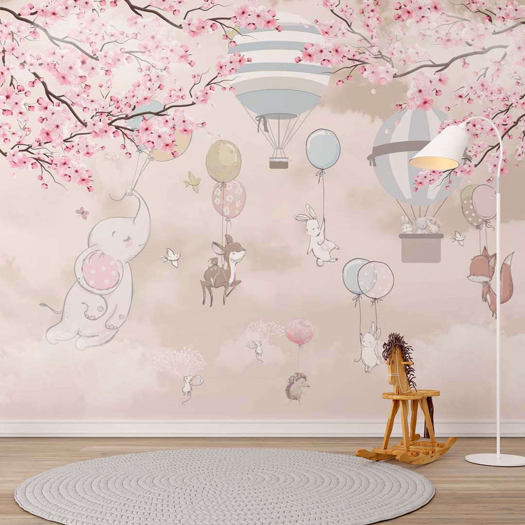 Custom Sky-Themed Kids Wall Murals Animals Clouds Sakura Blossom and Hot Air Balloons