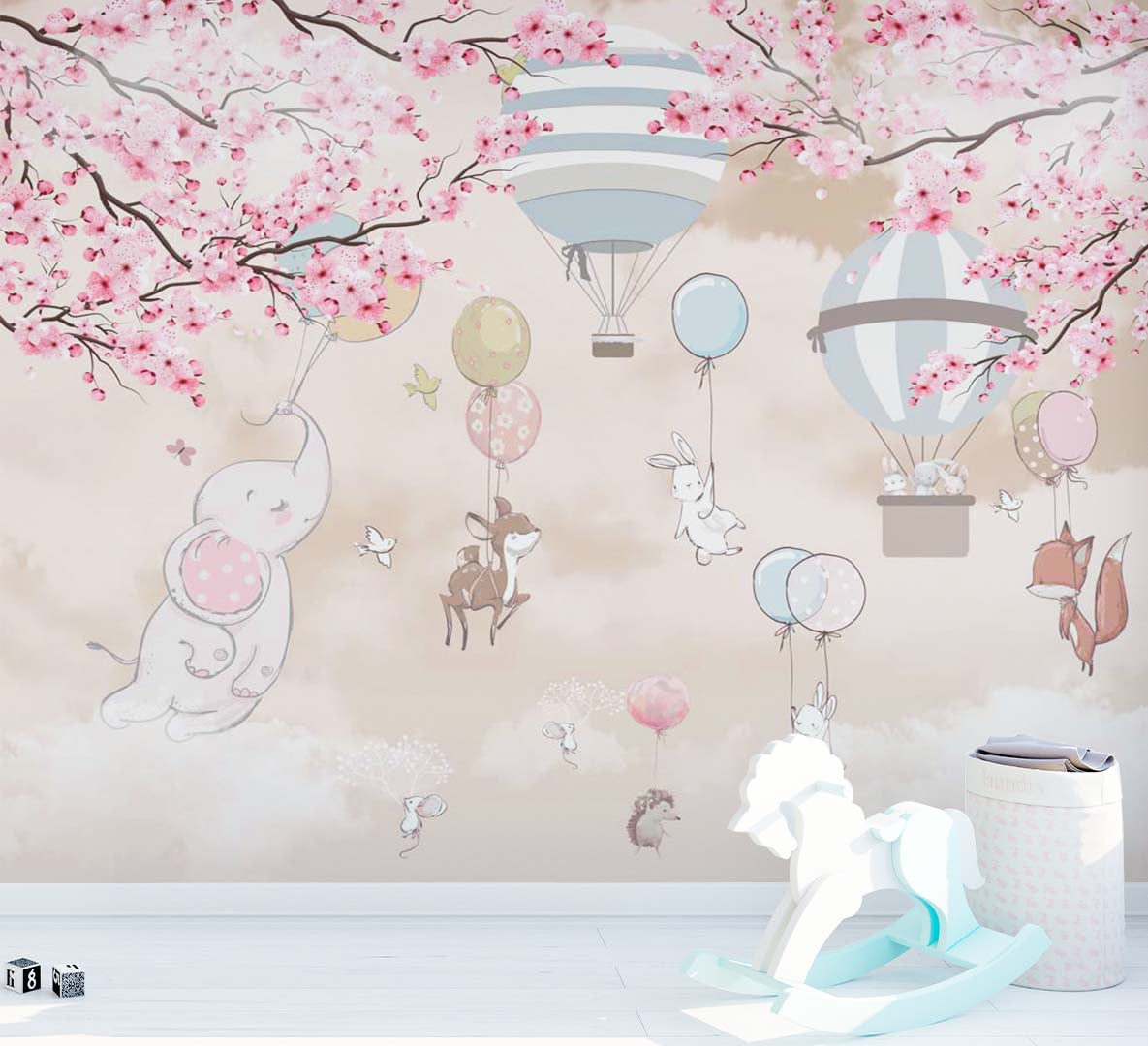 Sky-Themed Kids Wall Murals Animals Clouds Sakura Blossom and Hot Air Balloons