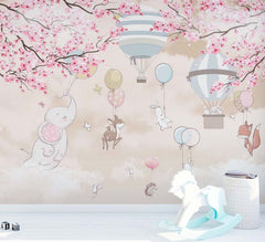 Custom Sky-Themed Kids Wall Murals Animals Clouds Sakura Blossom and Hot Air Balloons