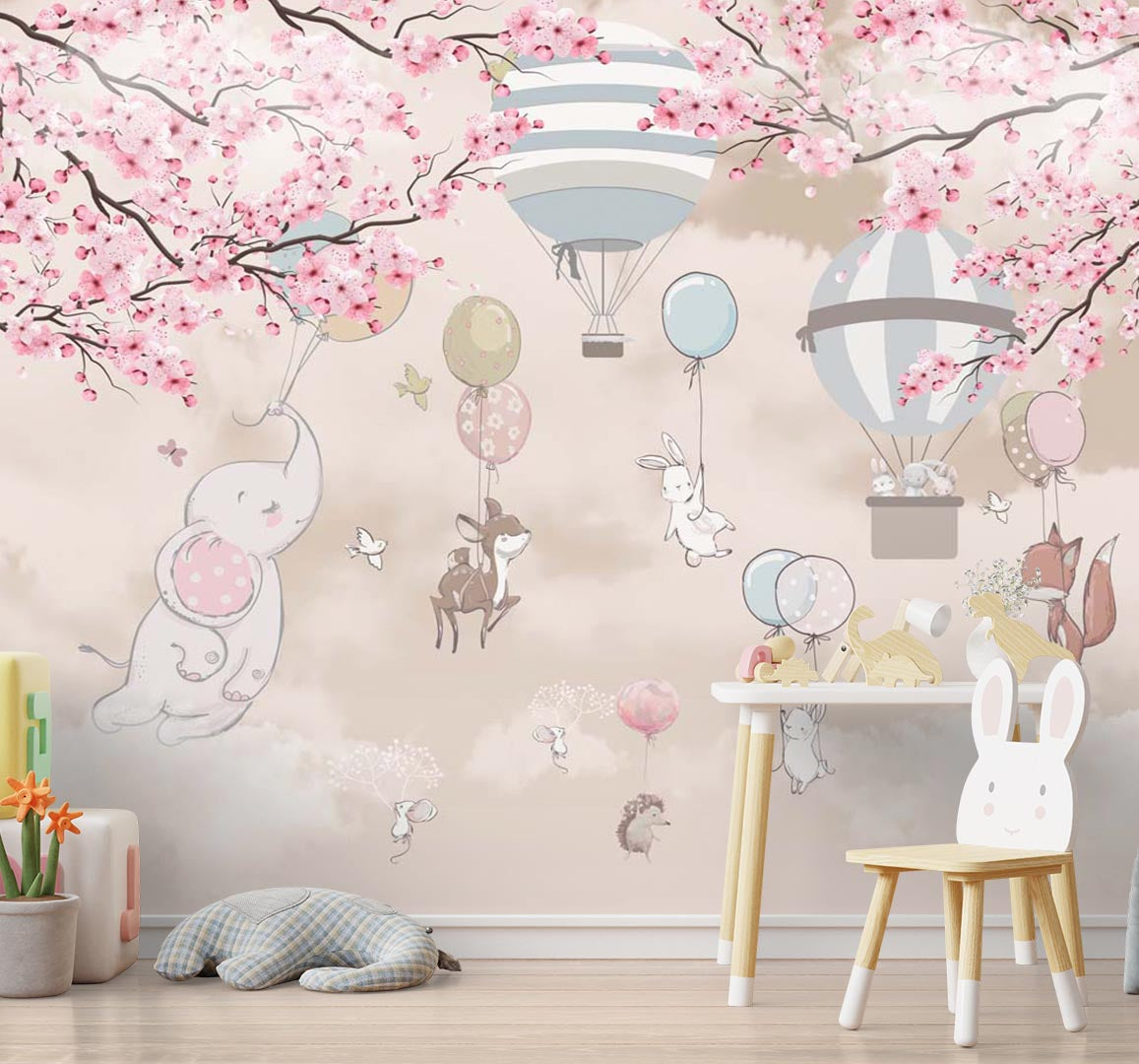 Sky-Themed Kids Wall Murals Animals Clouds Sakura Blossom and Hot Air Balloons